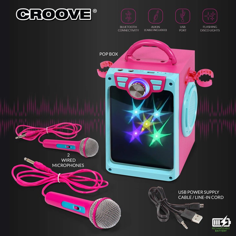 Croove Rechargeable Karaoke Machine for Kids, Pink Portable Karaoke Set, Gift for Girl Speaker & 2 Microphones with Lyrics Display, Bluetooth/AUX/USB, Best Birthday Gifts For Girls Ages 8 9+ Years Old - Image 4